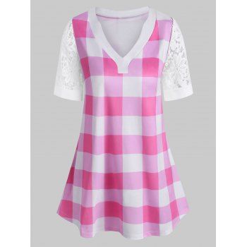 

Plus Size Plaid Lace Sleeve T Shirt, Light pink