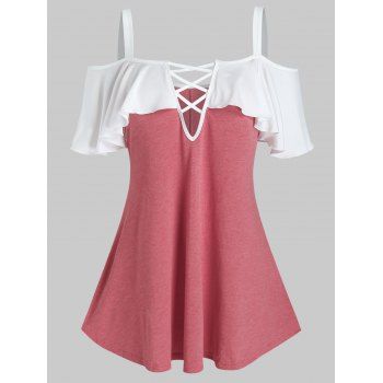 

Plus Size Cold Shoulder Crisscross Ruffled T Shirt, Cherry red