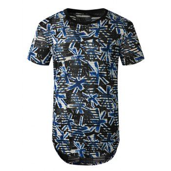 

Printed Sheer Patch Hole Short Sleeve Longline T Shirt, Blue