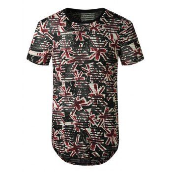 

Printed Sheer Patch Hole Short Sleeve Longline T Shirt, Red
