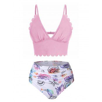 

Shell Starfish Print Ruched Padded Bikini Set, Light pink