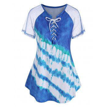 

Plus Size Tie Dye Lace Up T Shirt, Light blue