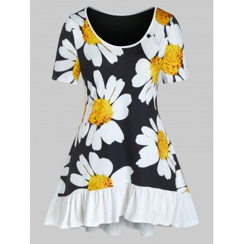 Plus Size Daisy Print Flounced T Shirt, Black