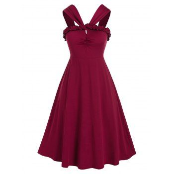 

Plus Size Frilled Ruched A Line Midi Retro Dress, Red wine