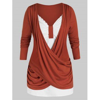 

Plus Size Crossover Ruched Draped Long Sleeve Tee, Red