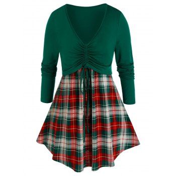 

Plus Size Plaid Cinched Tie Contrast Long Sleeve Tee, Deep green