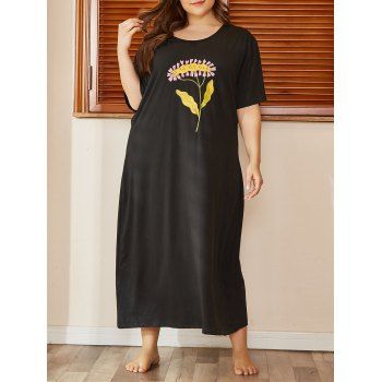 

Plus Size Flower Pattern Midi Pajama Tee Dress, Black