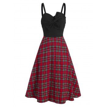 

Bowknot Plaid Ruched Cami Vintage Dress, Black