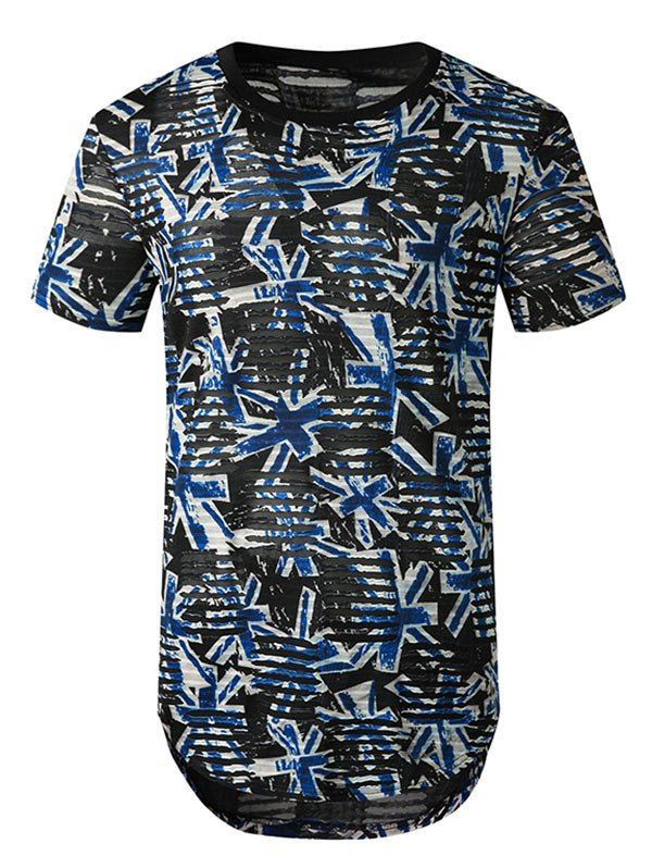 T-shirt Long Jointif Trou Imprimé Transparent à Manches Courtes - Bleu 2XL