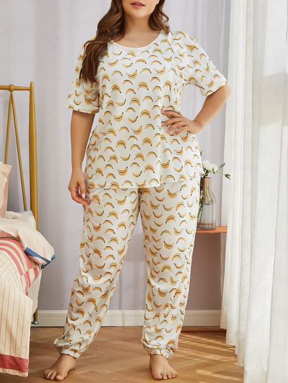 Ensemble Pyjama Banane Amusant Imprimé à Manches Courtes Grande Taille - Blanc 3XL