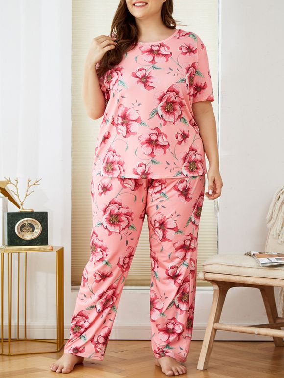 Ensemble de Pyjama Fleur Imprimé à Manches Courtes de Grande Taille - Rose clair 1XL