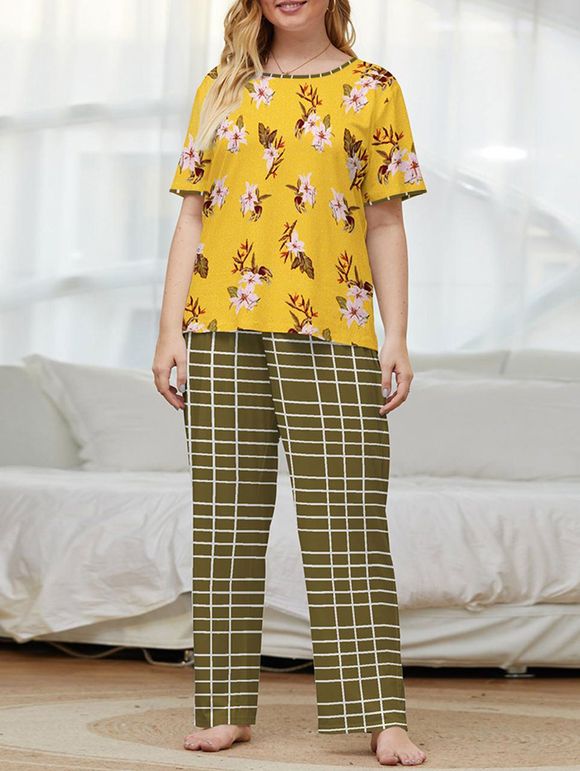 Ensemble de Pyjama Pantalon Fleur à Carreaux de Grande Taille à Manches Courtes - Deep Yellow 4XL