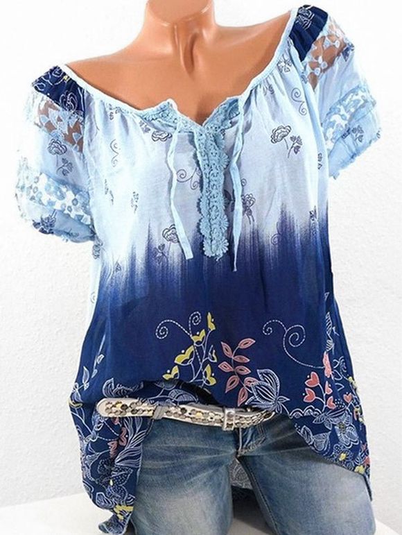 Blouse Florale Imprimée en Couleur Ombrée Grande-Taille - Bleu clair 5XL