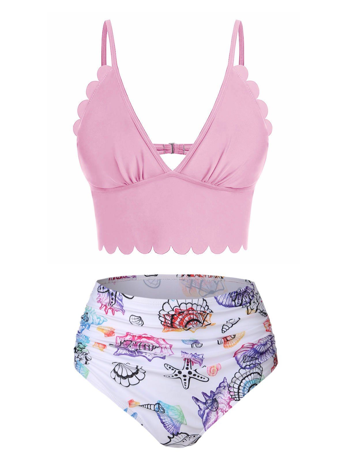 Shell Starfish Print Ruched Padded Bikini Set - LIGHT PINK L