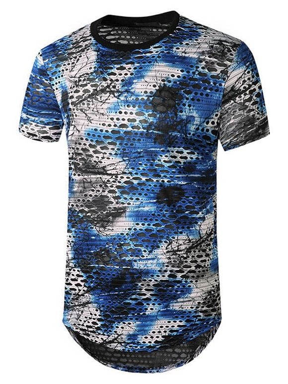 T-shirt Long Teinté Transparent avec Trou - Bleu XL