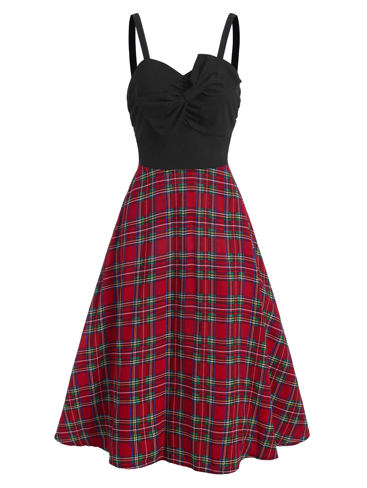Bowknot Plaid Ruched Cami Vintage Dress - BLACK L