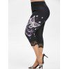 Legging Capri Panneau en Dentelle à Imprimé Etoile Papillon de Grande Taille - Noir 1X