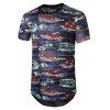 T-shirt Long Palmier et Voiture Imprimé Transparent avec Trou - Cadetblue 2XL