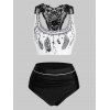 Maillot de Bain Tankini Lune et Plume Imprimées en Dentelle Insérée à Taille Haute - Noir 2XL