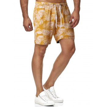 

Leaf Print Drawstring Beach Shorts, Yellow