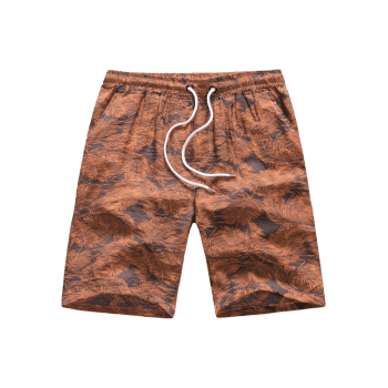 

Drawstring Tropical Leaves Print Beach Shorts, Brown