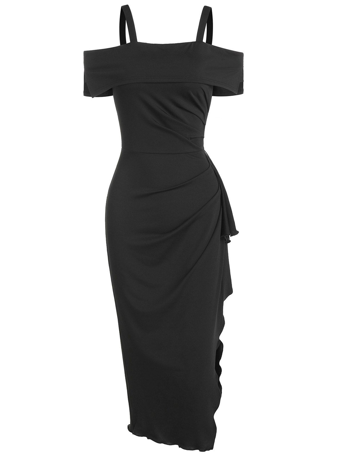 Open Shoulder Ruched Side Slit Bodycon Dress - BLACK L