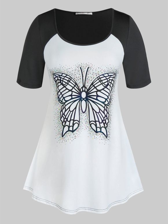 T-shirt Tunique Motif de Papillon avec Strass à Manches Raglan Grande Taille - Blanc 4X