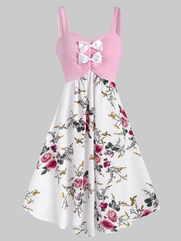 Robe Mi-Longue Fleurie Plissée avec Nœud Papillon - Rose clair 2XL