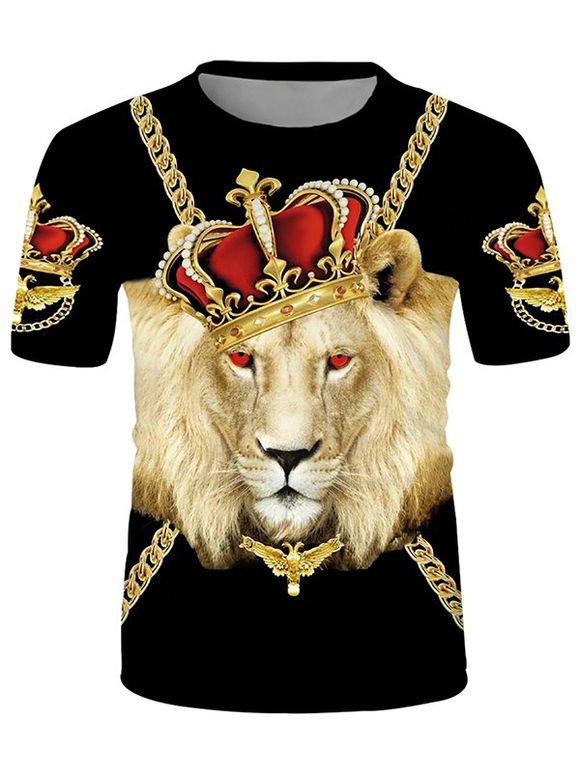 T-shirt Graphique Lion Couronne Manches Courtes à Col Rond - multicolor 2XL