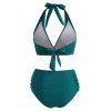 Halter Bikini Swimsuit Tummy Control Swimwear Ruched Plunging Neck High Waisted Beach Bathing Suit - GREEN S
