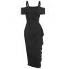 Open Shoulder Ruched Side Slit Bodycon Dress - BLACK L
