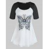 T-shirt Tunique Motif de Papillon avec Strass à Manches Raglan Grande Taille - Blanc 5X
