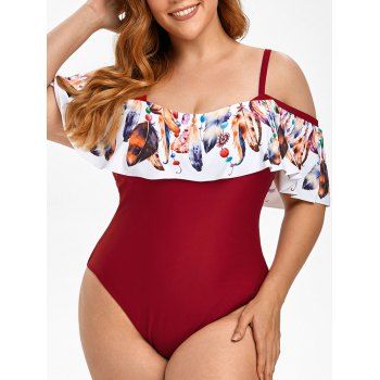 

Feather Print Ruffles Open Shoulder Plus Size Swimsuit, Red wine