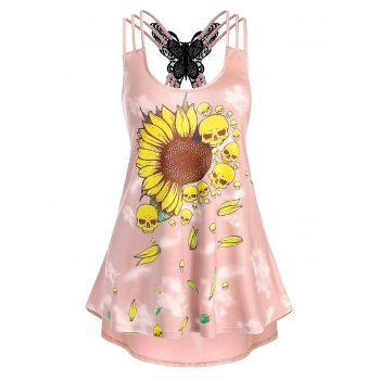 

Sunflower Skull Print Bright Butterfly Crochet Curved Hem Tank Top, Light pink