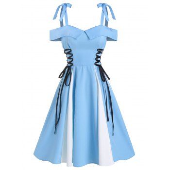 

Cold Shoulder Lace-up Flare Dress, Light sky blue