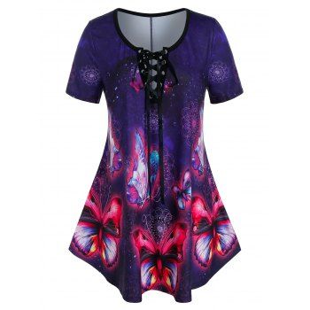 

Plus Size Lace-up Butterfly Pattern Short Sleeve Tee, Cadetblue