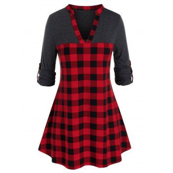 

Plus Size Plaid Pattern Roll Tab Sleeve Top, Ash gray