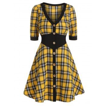 

Plaid Print V Neck Button Down Dress, Bright yellow