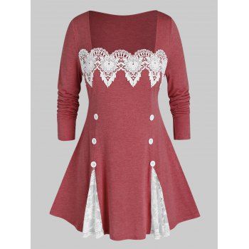 

Plus Size Lace Panel Button Top, Valentine red
