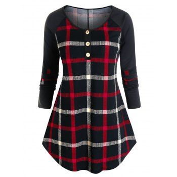 

Plus Size Plaid Long Sleeve Button Placket Curved Tee, Black