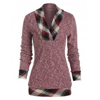 

Shawl Neck Checked Trim Heather Knit Sweater, Red wine