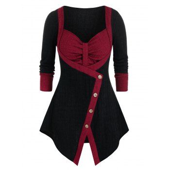 

Plus Size Faux Two Pieces Button Irregular Sweater, Black