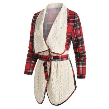 

Plaid Print Cable Knit Belted Jacket, Warm white