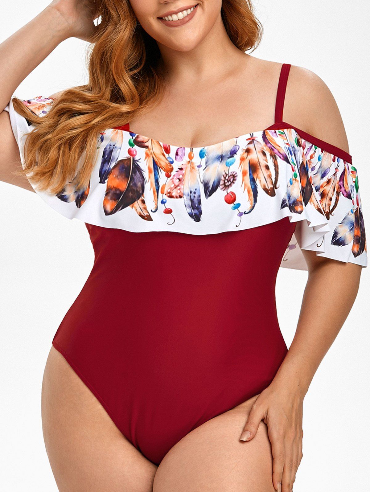 

Feather Print Ruffles Open Shoulder Plus Size Swimsuit, Red wine