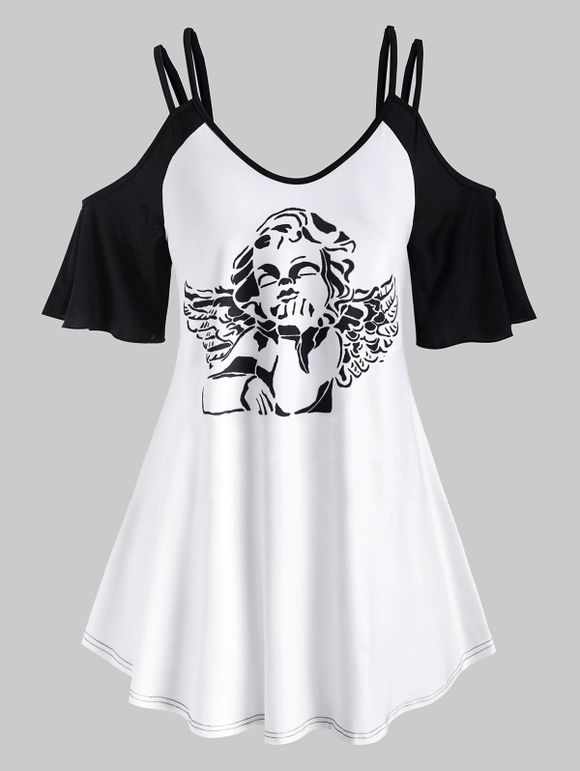 T-shirt Ange Imprimée à Epaule Dénudée de Grande Taille - Blanc 1X