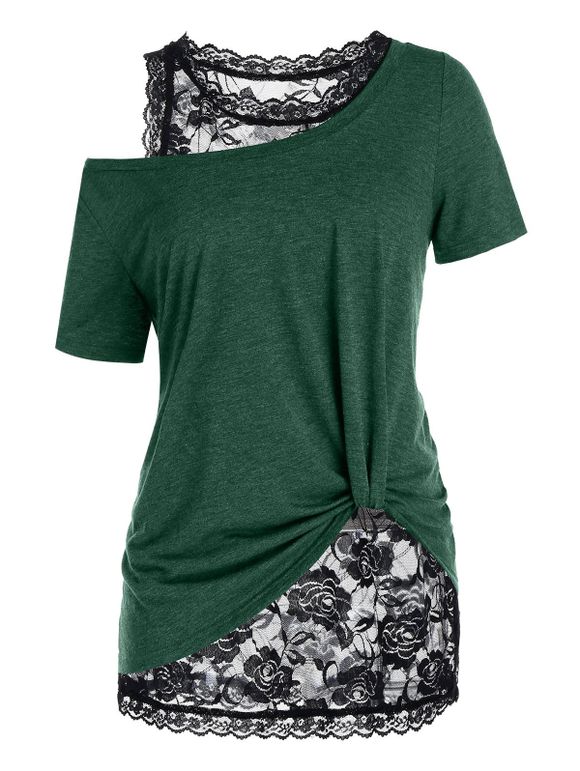 T-shirt de Grande Taille à Col Oblique avec Débardeur Fleuri en Dentelle - Vert Mer 5X
