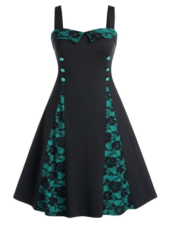 Robe Fleurie Panneau en Dentelle à Taille Haute de Grande Taille - Vert Tortue de Mer 5X