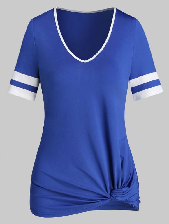 T-shirt Rayé Contrasté Tordu en Avant - Bleu Cobalt M
