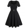 Robe Rétro Linge A Ceinturée de Grande Taille à Col Carré - Noir 5X