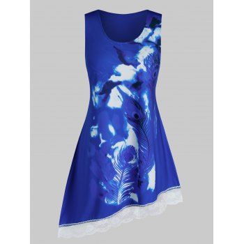 

Plus Size Asymmetrical Feather Print Tank Top, Crystal blue